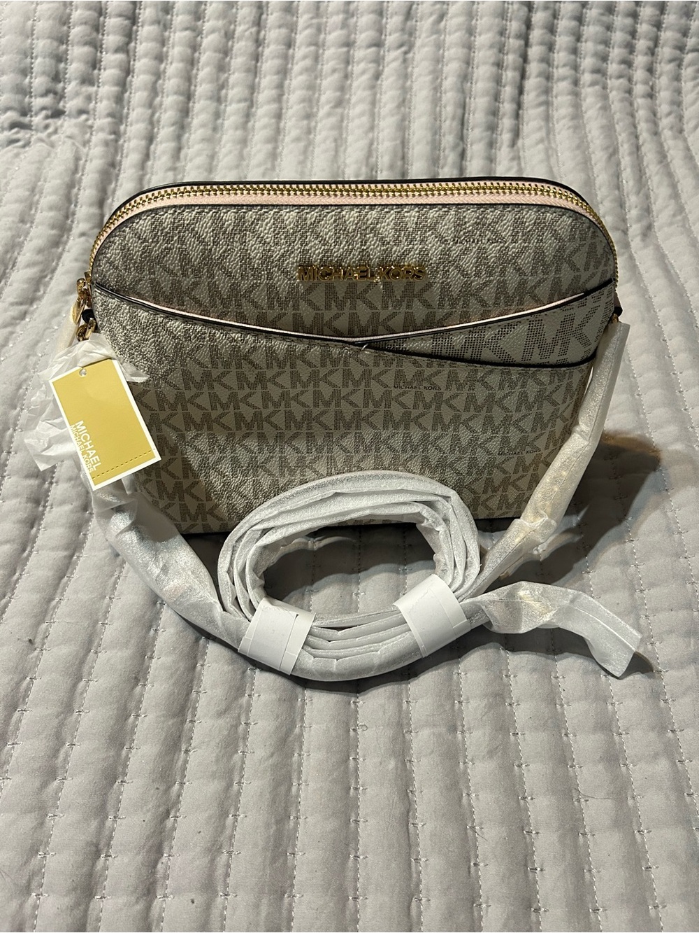 Michael Kors Ivory/Taupe Signature MK Crossbody Bag